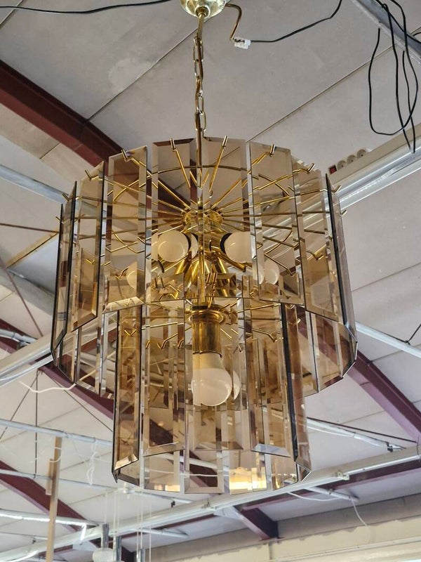 Vintage XL kroonluchter messing rookglas 70s