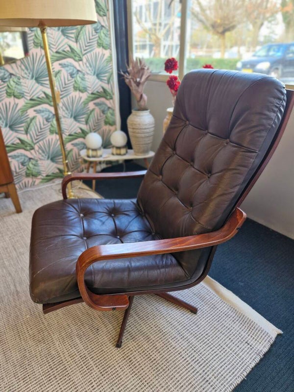 Vintage draaifauteuil bruin leer 70s