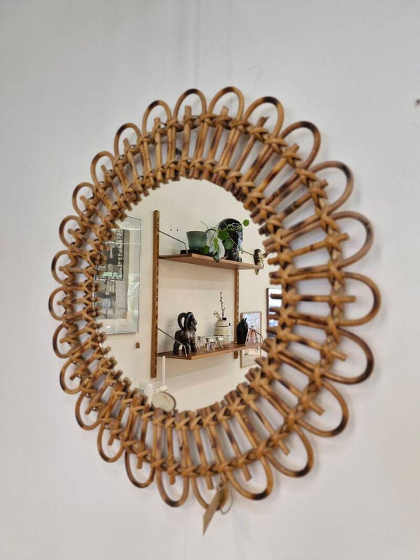 Vintage spiegel rond rotan 70s