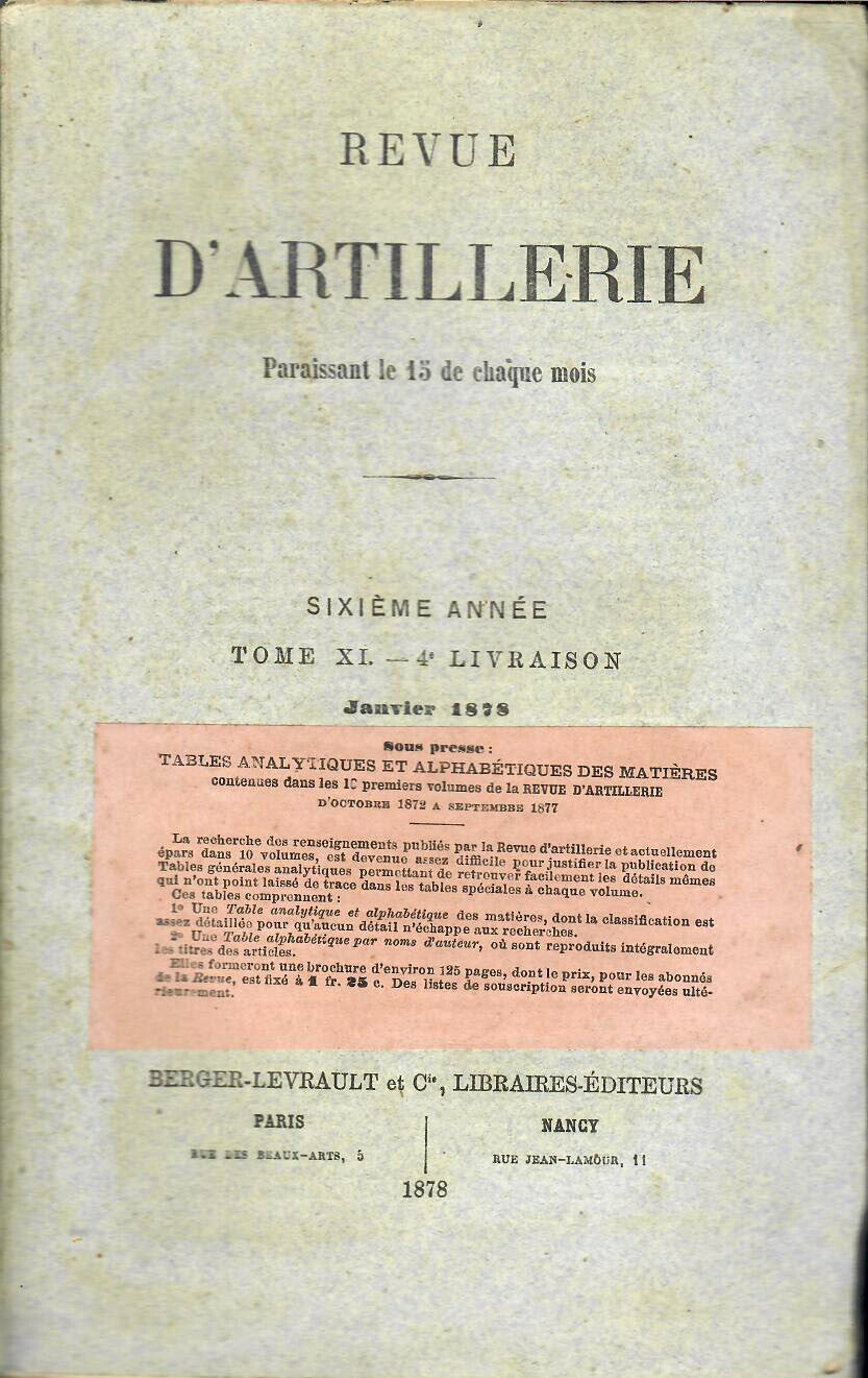 REVUE D'ARTILLERIE TOME XI JANVIER 1878 4° LIVRAISON