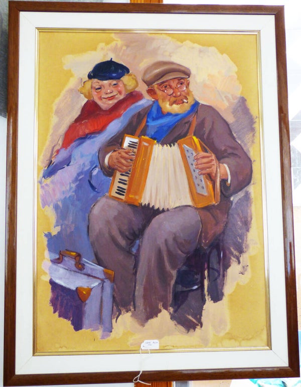 TABLEAU GOUACHE SUR PAPIER FORT "L'ACCORDÉONISTE" par  ALBERT ROCA 1980