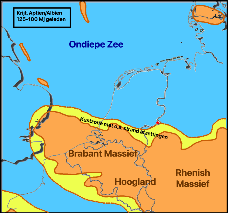 Paleogeografische kaart van Krijt-Aptien/Albien tijd