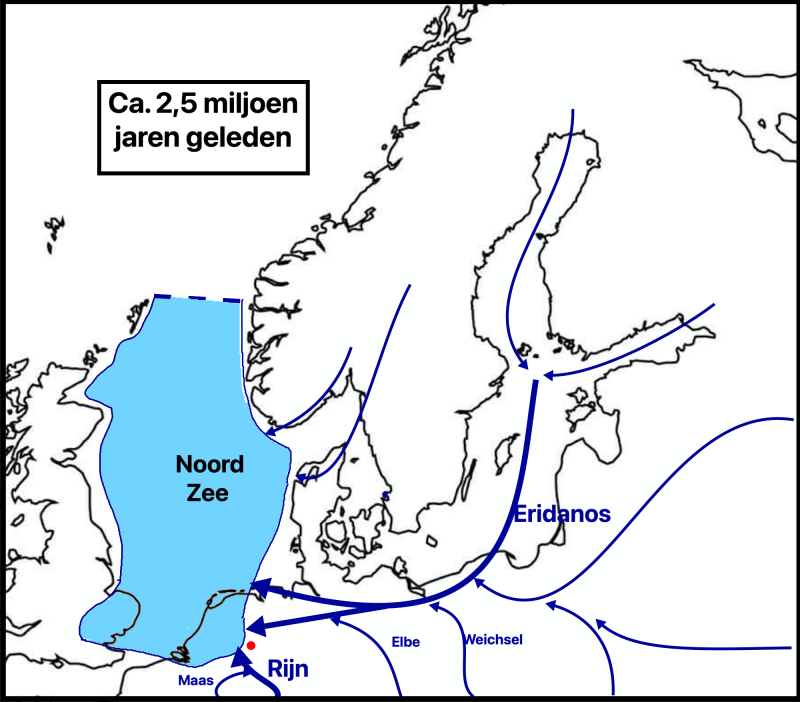 Paleokaart van NW-Europa tijdens begin Kwartair periode