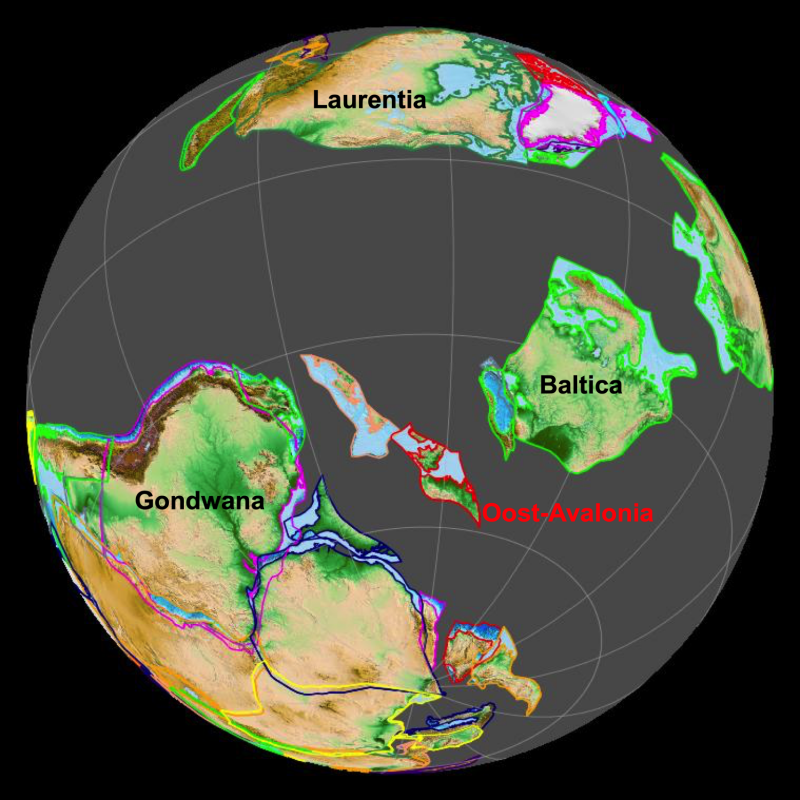 Afbeelding van oceanen en continenten ten tijde van het Vroeg-Ordivicium