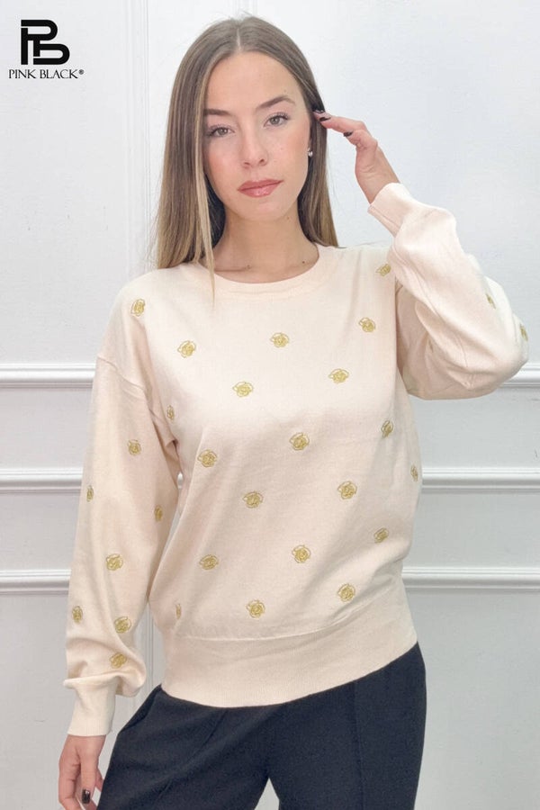 Trui met Strikdetail & Gouden Roosjes – One Size