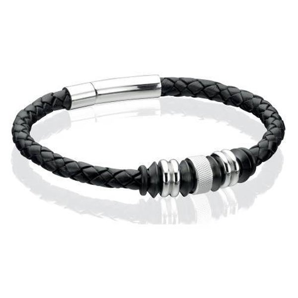 Fred Bennett Bracelet B3898 Black Leather Bracelet with Black IP Beads