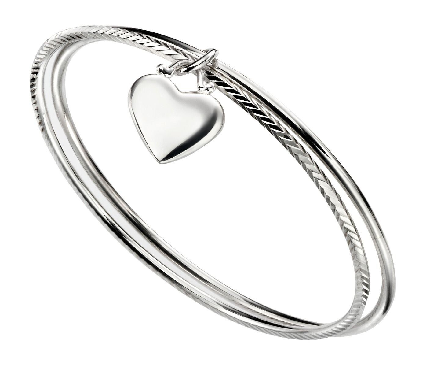 Beginnings Silver Bangle B5066 Diamond Cut Double Bangle with Heart Tag