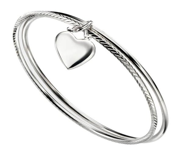 Beginnings Silver Bangle B5066 Diamond Cut Double Bangle with Heart Tag