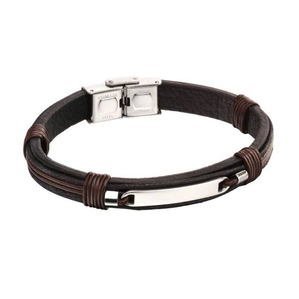 Fred Bennett ID Bar Black Leather Bracelet with Brown Cord Detail B5124