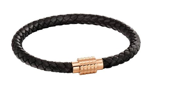 Fred Bennett Bracelet B5131 Plaited Black Leather and Rose Gold IP Hexagon Clasp