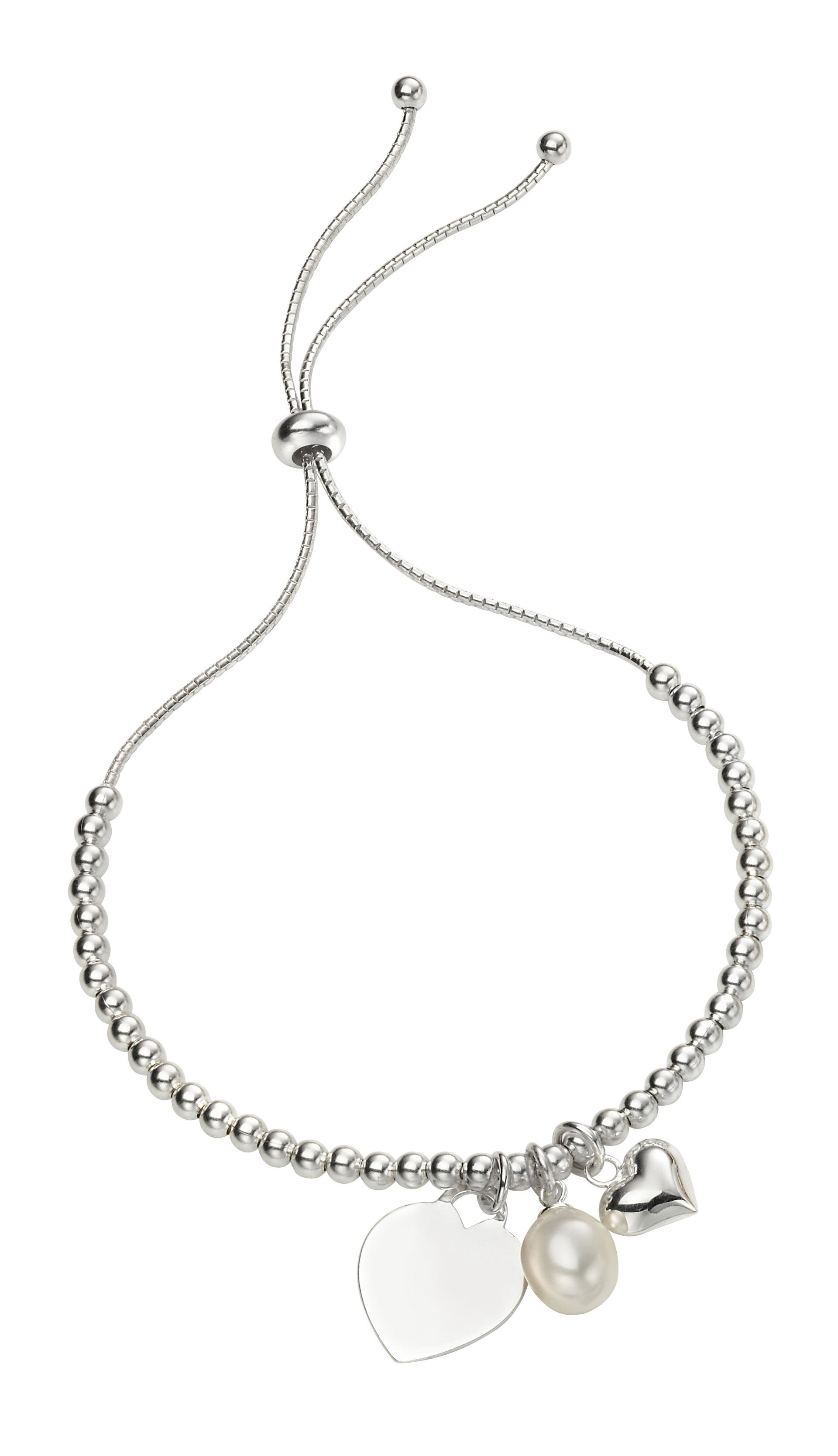 Silver Bracelet B5242W Heart and Pearl Charm Ball Slider Bracelet by Beginnings