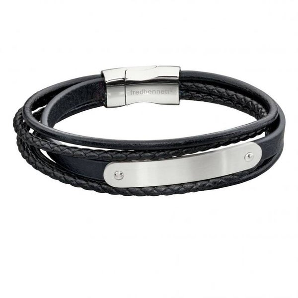 Fred Bennett Bracelet B5282 Multi Strand Woven Black Leather & ID Bar Bracelet
