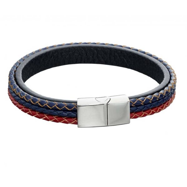 Fred Bennett Woven Blue, Red &amp; Grey Leather Bracelet B5283