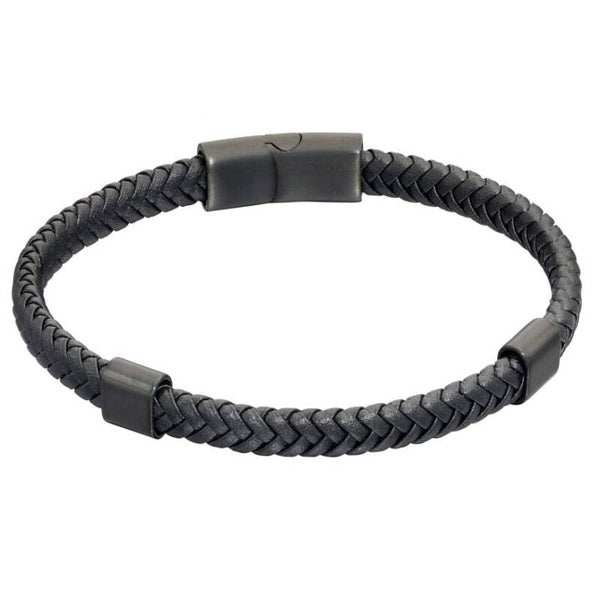 Fred Bennett Bracelet B5322 Plaited Black Leather and Black IP Sections Bracelet