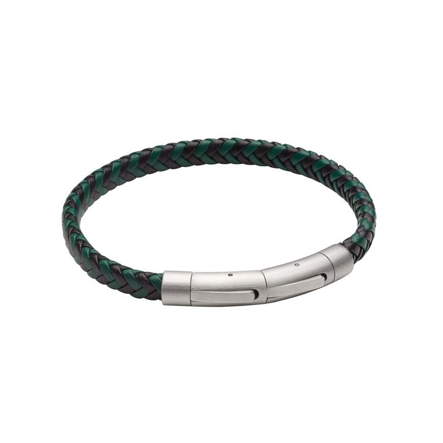 Fred Bennett Bracelet B5375 Black and Forest Green Plaited Leather Bracelet