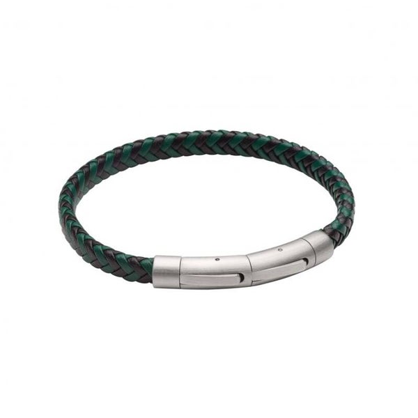 Fred Bennett Bracelet B5375 Black and Forest Green Plaited Leather Bracelet
