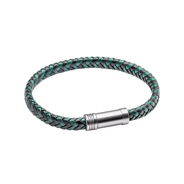 Fred Bennett Bracelet B5375 Black and Forest Green Plaited Leather Bracelet