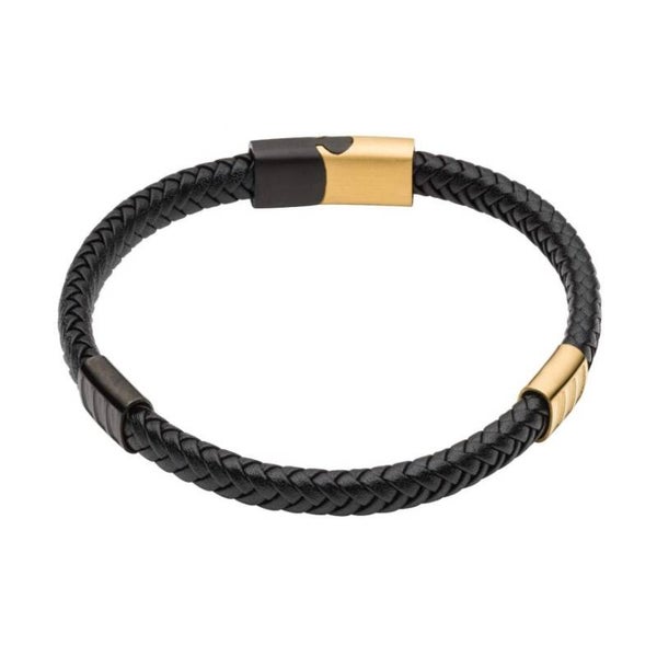 Fred Bennett Bracelet B5409 Leather Bracelet Black IP Yellow Gold Plated Details