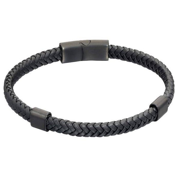 Fred Bennett Bracelet B5415 Plaited Black Leather and Black IP Sections Bracelet