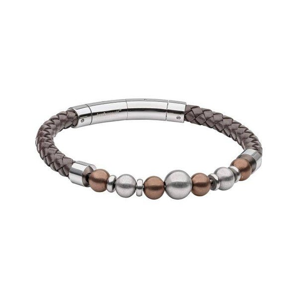 Fred Bennett Brown Leather Bracelet with Coffee Plated Stainless Steel Beads B5466