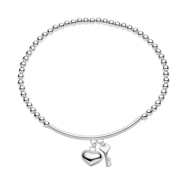 Beginnings Silver Bracelet Beaded Stretch Bracelet with Heart and Key Charms Set B5515