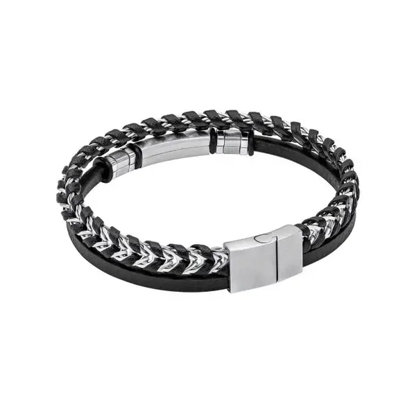 Fred Bennett Bracelet Black Leather and Stainless Steel ID Bar Bracelet B5574B