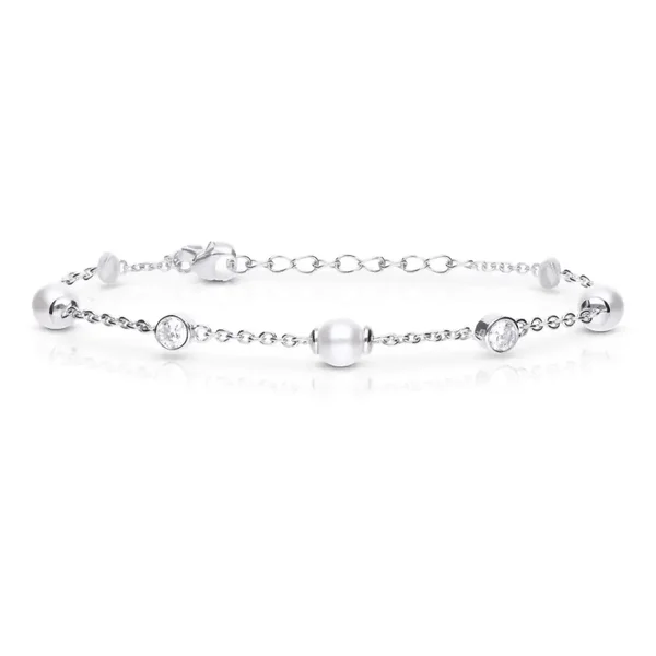 DiamonFire Alternating Shell Pearl and Zirconia Station Silver Bracelet B5586