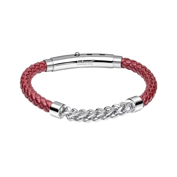 Fred Bennett Burgundy Leather and Stainless Steel Chain Detail Bracelet B5623