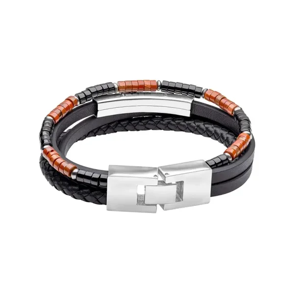 Fred Bennett Red Jasper and Onyx Multi- Layer Leather Bracelet B5637