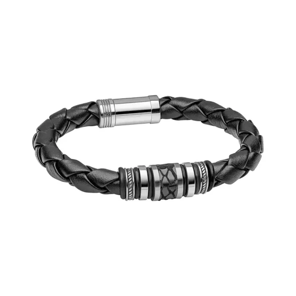 Fred Bennett Black Leather and Stainless Steel Centrepiece Bracelet B5639