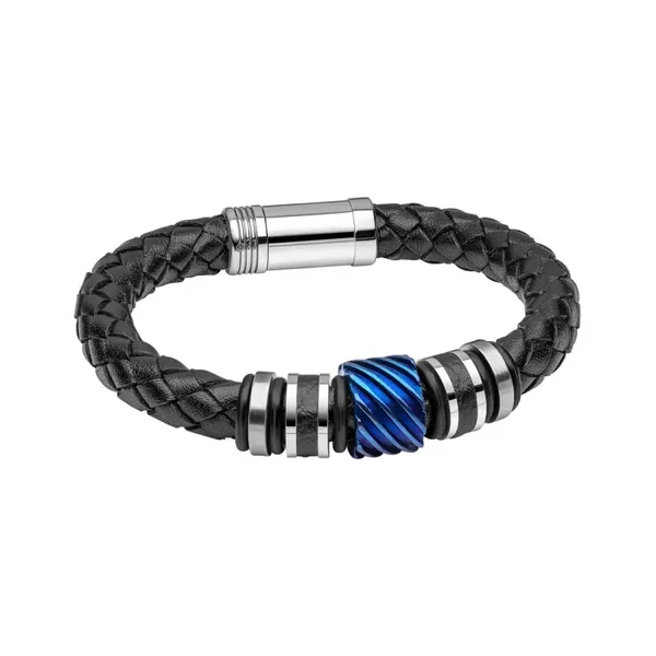 Fred Bennett Black Leather Bracelet with Blue Steel Accent B5640
