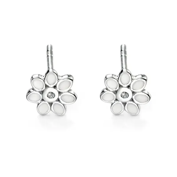 D for Diamond Enamel Daisy Sterling Silver Stud Earrings with Diamonds E4122