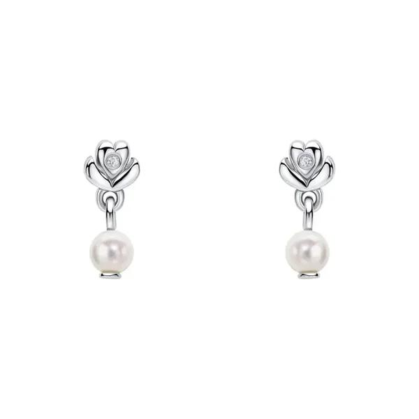 D for Diamond Flower Silver Stud Earrings with Freshwater Pearl Drop and Diamond E6588W