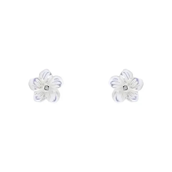 D for Diamond Carved Mother of Pearl Flower Silver Stud Earrings with Diamond E6688W