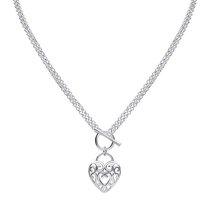 Beginnings Silver Necklace N4606 Large Filigree Heart Double Chain T-Bar