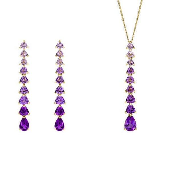 Gold Pendant & Earrings Set Trillian and Pear Amethyst Xmas Special 9ct Gold