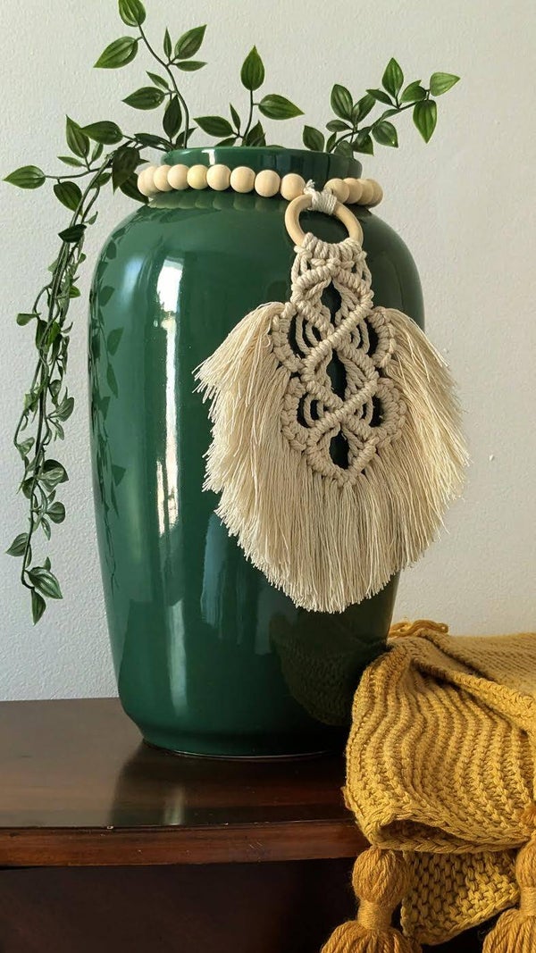 Green Vase with White Leaf Macrame