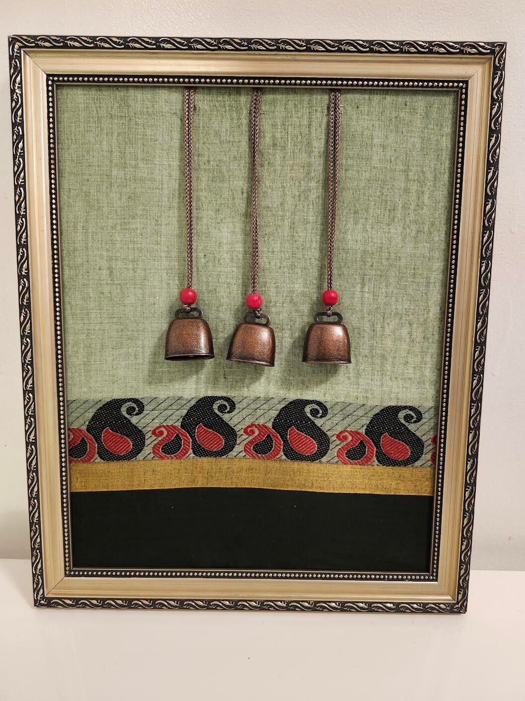 Framed India Bells on Green Sari Material