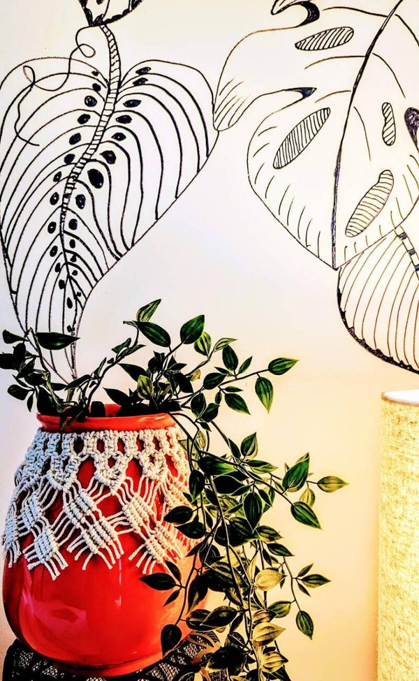 Orange Vase with White Macrame Skirt