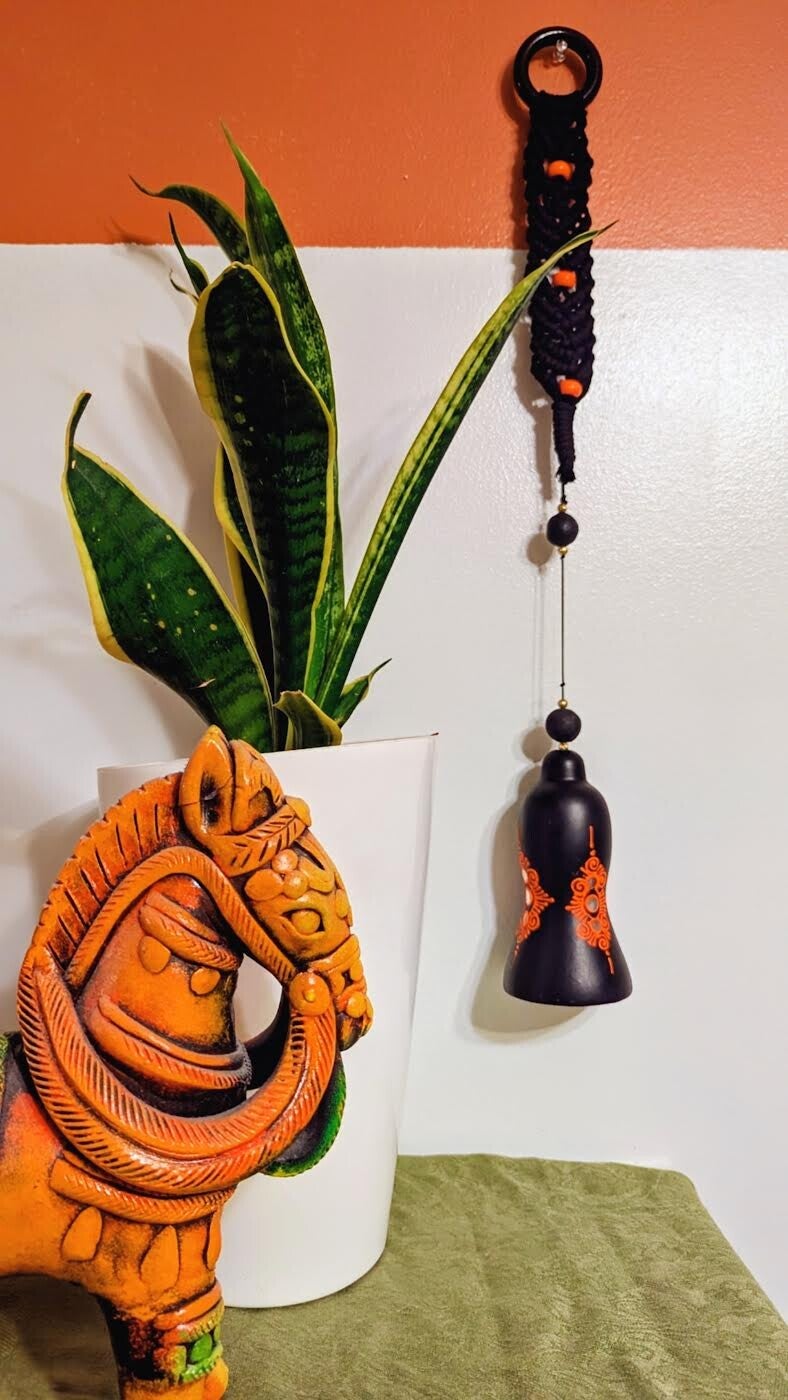 Long Clay Bell with Black Macrame