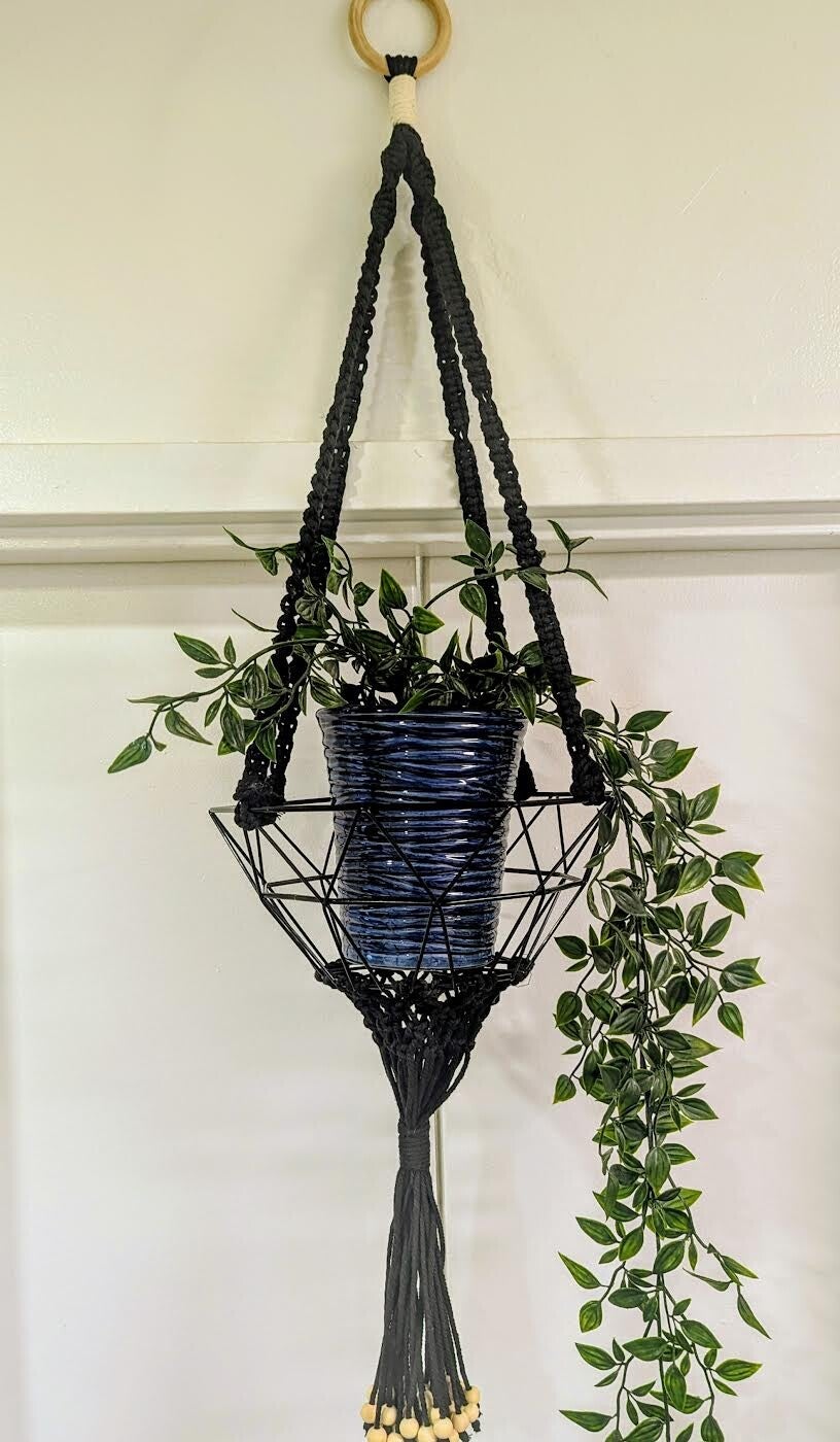Black Plant Hanger with Metal Basket