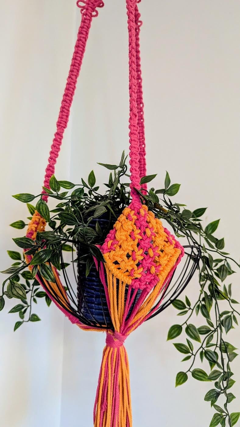 Pink and Orange Macrame Plant Holder with Attached Basket