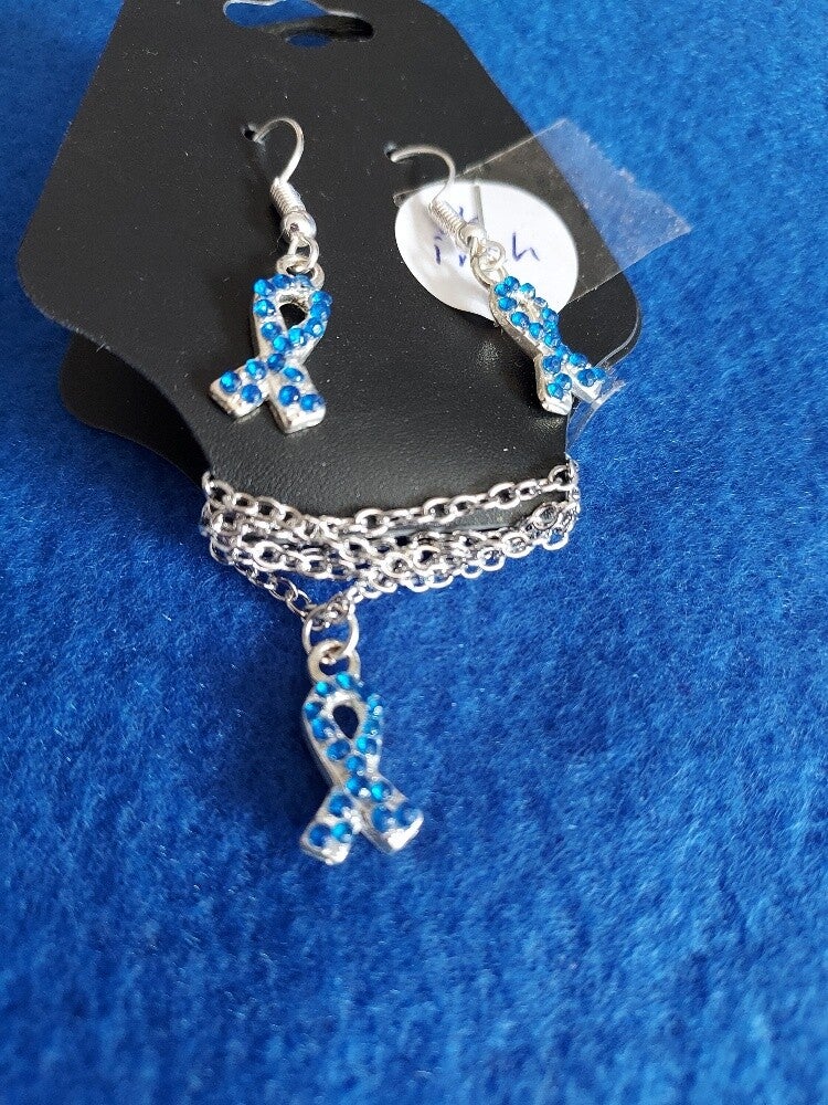 Blue Rhined stone Ribbon Necklace & earring set