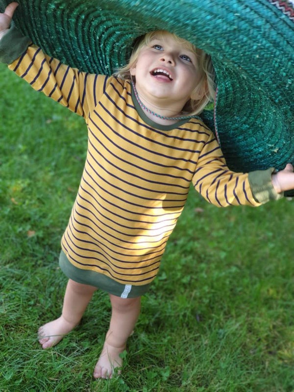 sweater kleedje - oker/donkerblauwe streep 