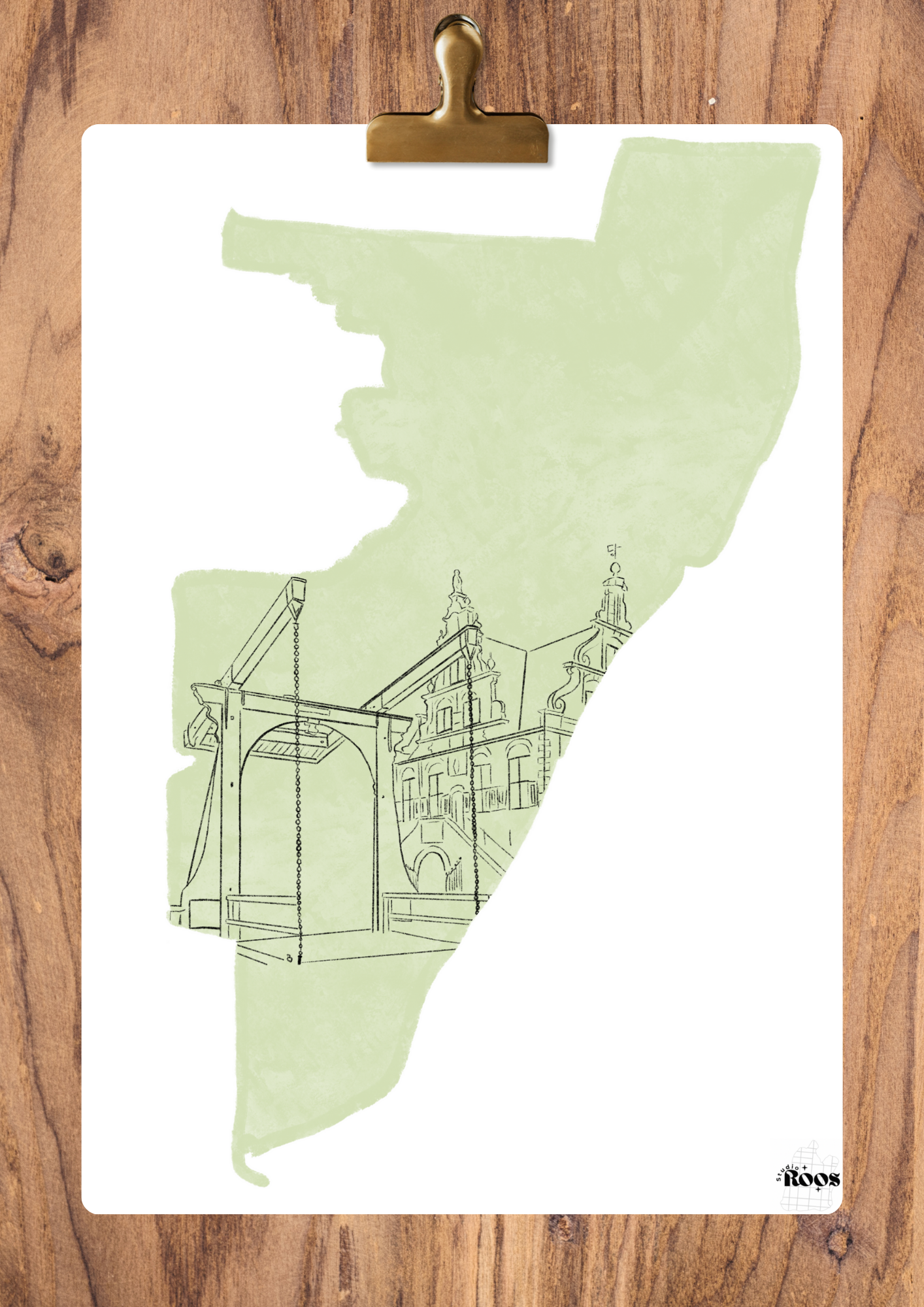 Lijntekening brug & stadhuis De Rijp