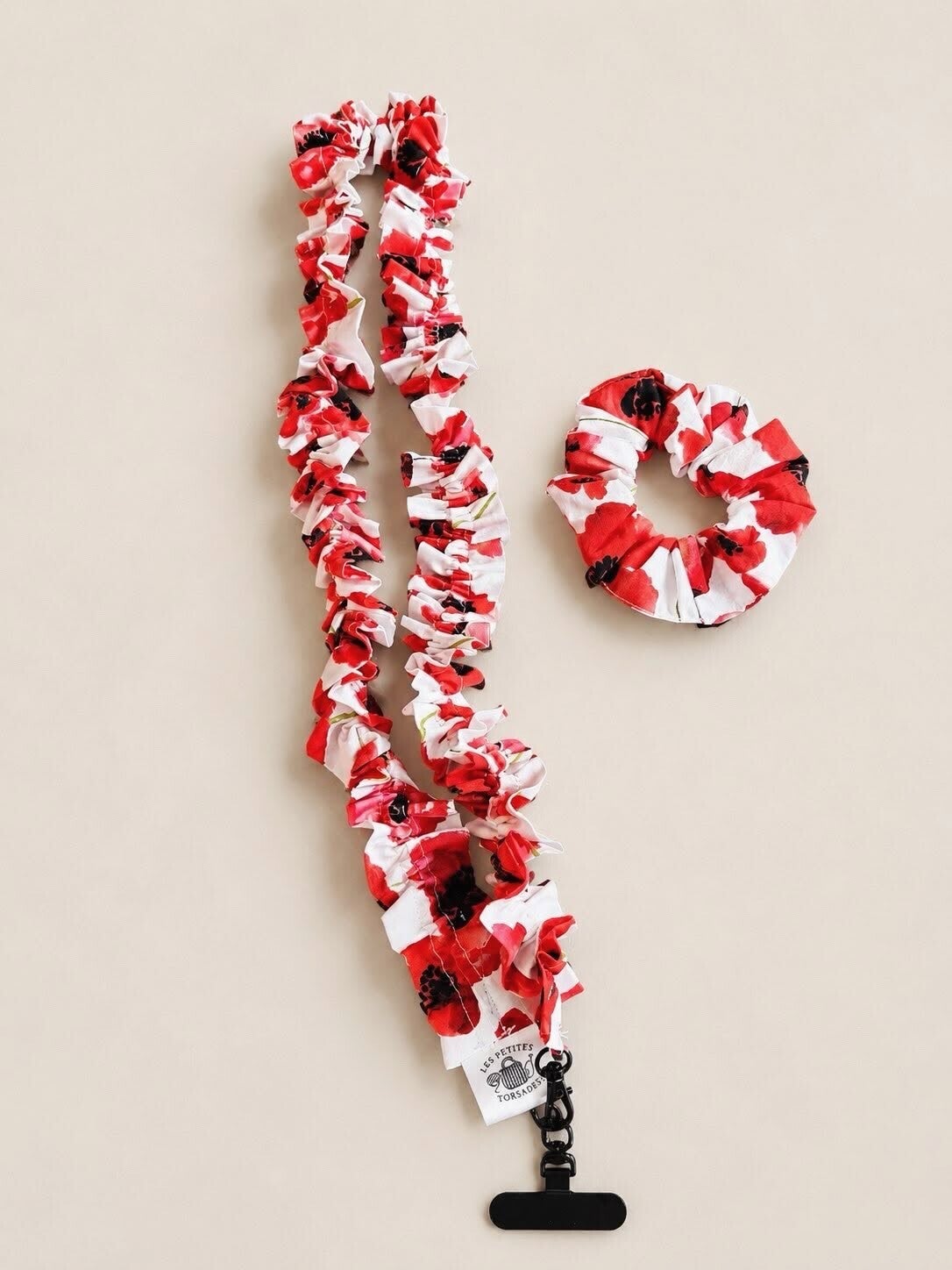 Cordon de téléphone et chouchou coquelicot