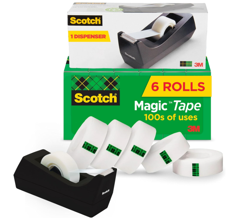 Scotch Magic Tape, Invisible, Holiday Supplies and Gift Wrap Tape, 6 Rolls with Dispenser, 3/4 x 1000 Inches