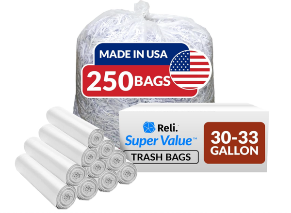 Reli. 30-33 Gallon Trash Bags Heavy Duty | 250 Count Bulk | Clear Large Trash Bags 30+, 32 Gallon | Made in USA