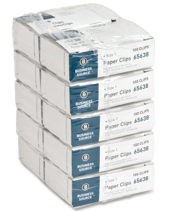 Business Source Paper Clips, Size 1, Regular, .033 Wire Gauge, 100/Box, 10 Boxes Total