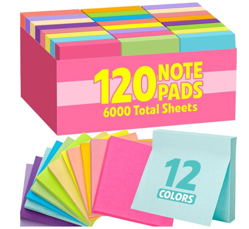 120 Pads Sticky Notes 3x3, Self-Stick Pads Bulk Bright Colors, School Supplies, Office Products, 50 Sheet/Pad